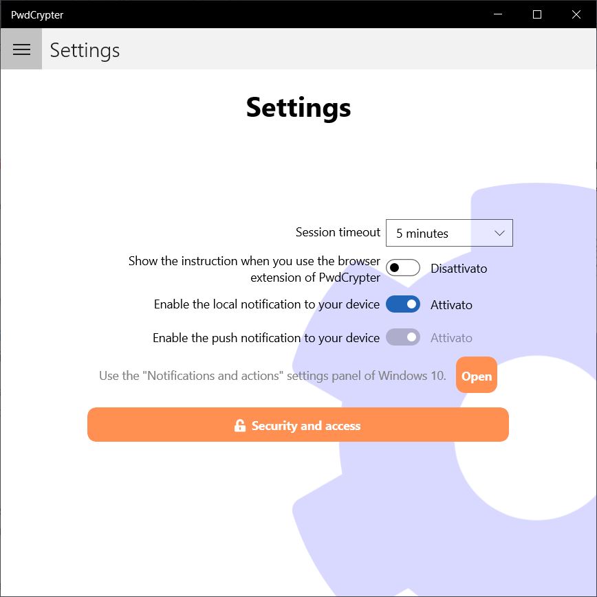 Settings page