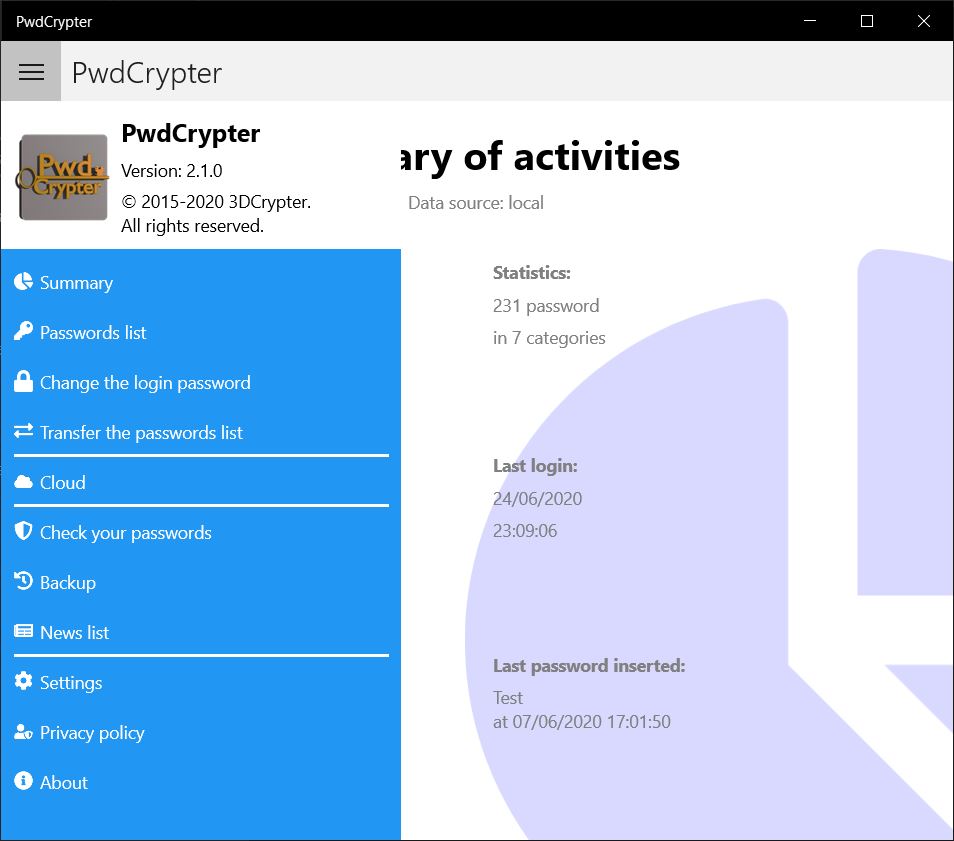 Menu of application