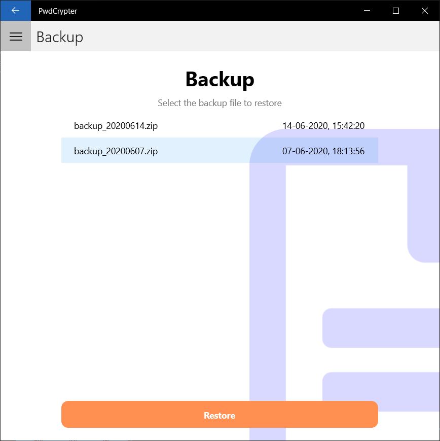 Selection of the backup file to restore (Cloud)