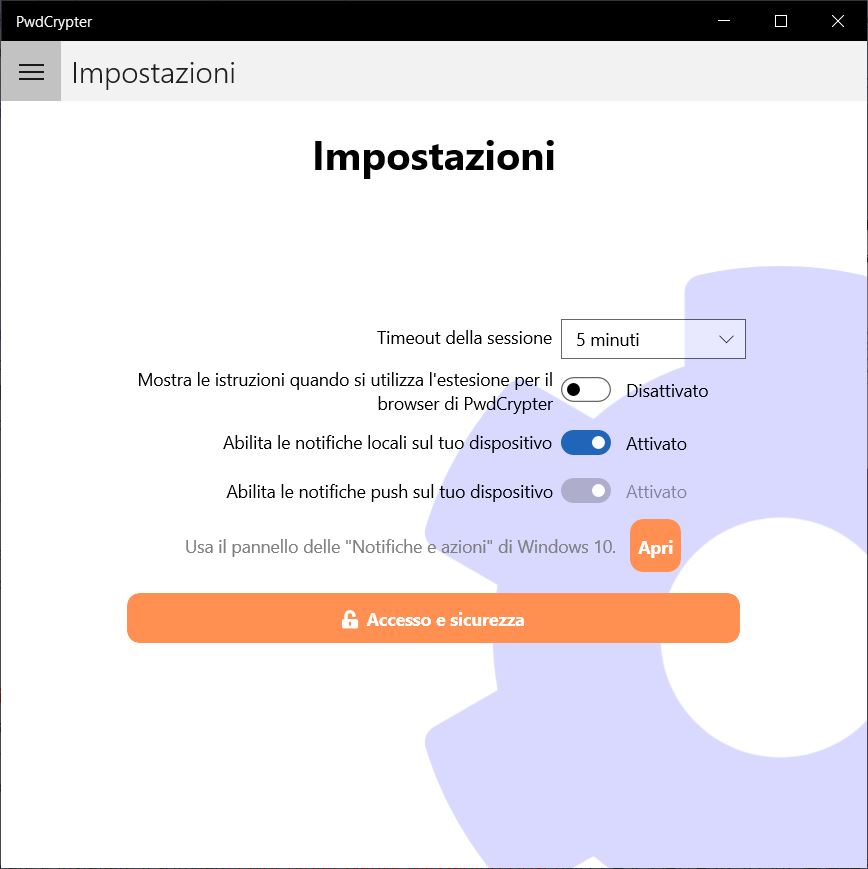 Pagina delle impostazioni
