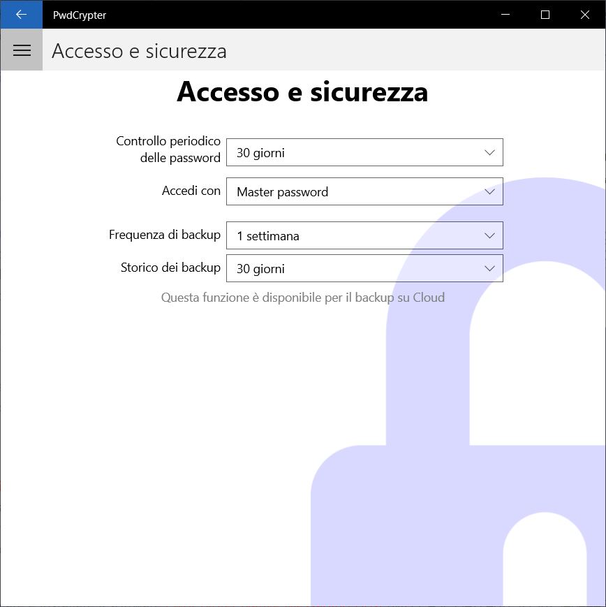 Impostazioni per accesso e sicurezza